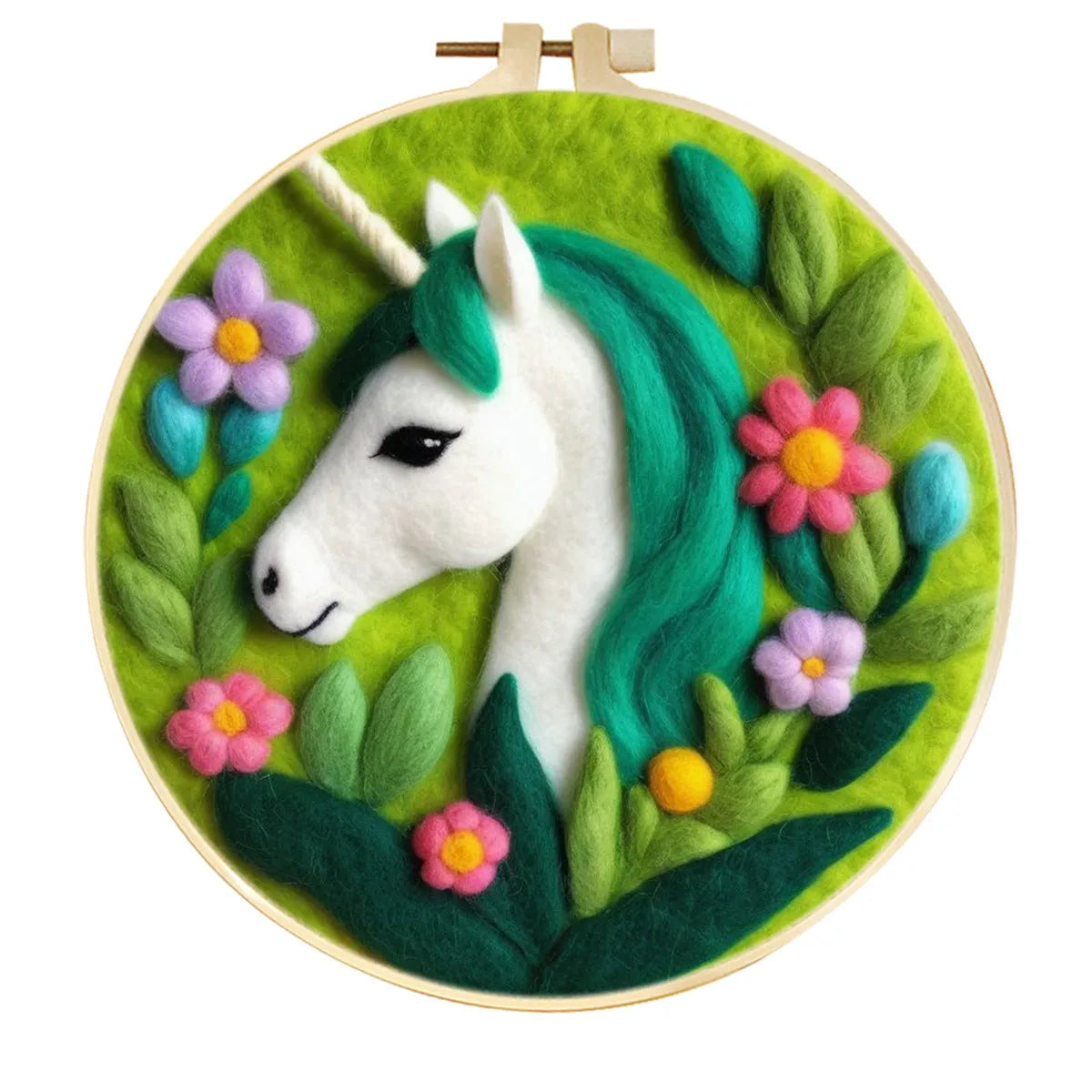 Round linen embroidery kit with wool felt materials for three-dimensional floral design