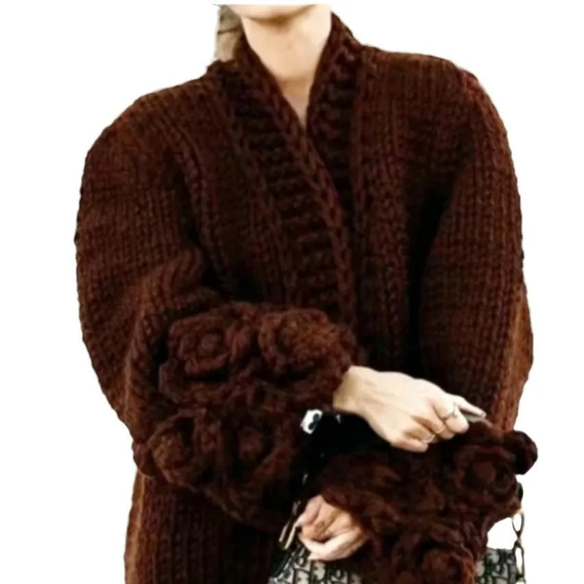 Womens coarse woven long sleeve cardigan with petal sleeves in milky white