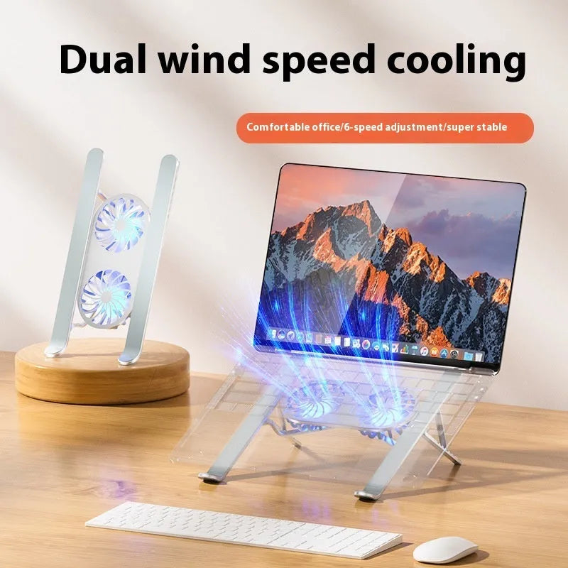 Silver aluminium laptop cooling stand with twin fans and height adjustment, shown folded.