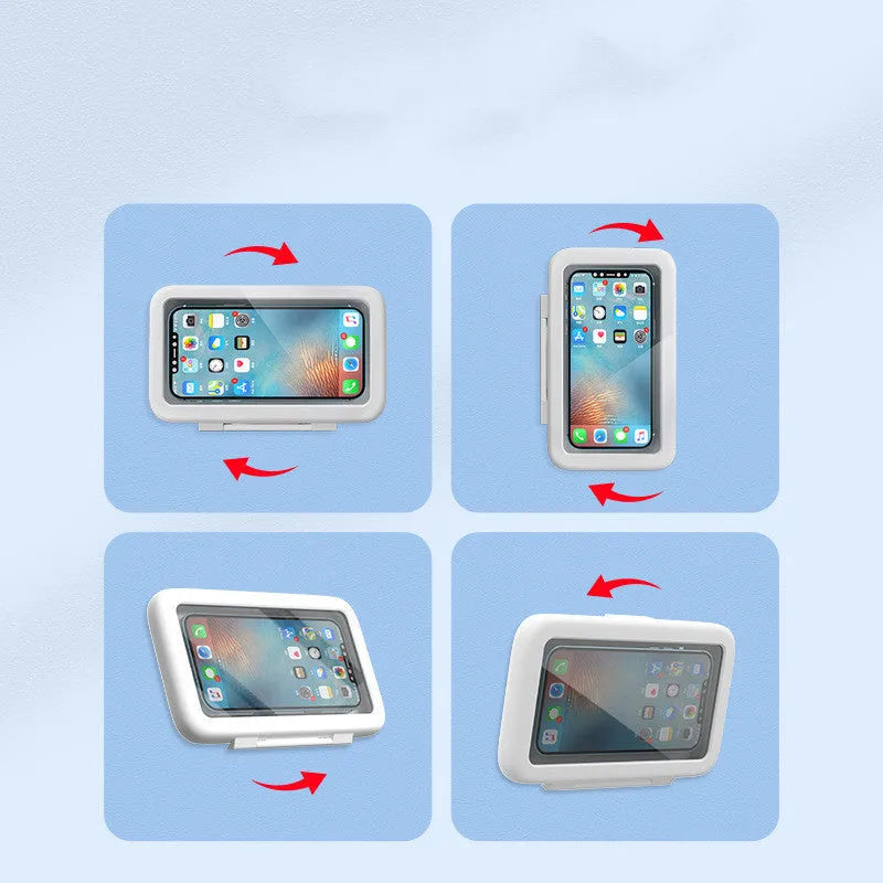Waterproof shower phone holder with touch screen on bathroom tile, showing phone inside with anti-fog window
