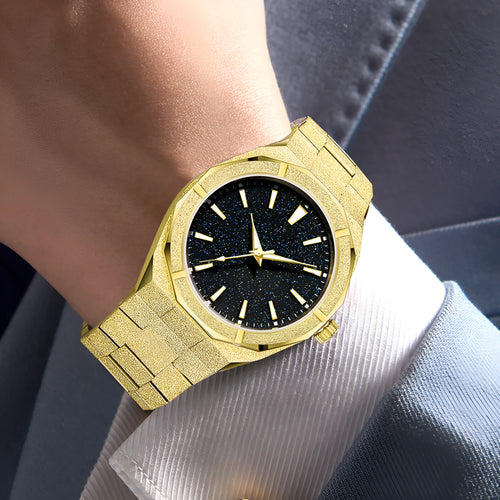Business men's stainless steel watch with frosted case and luminous markers in silver, gold or black