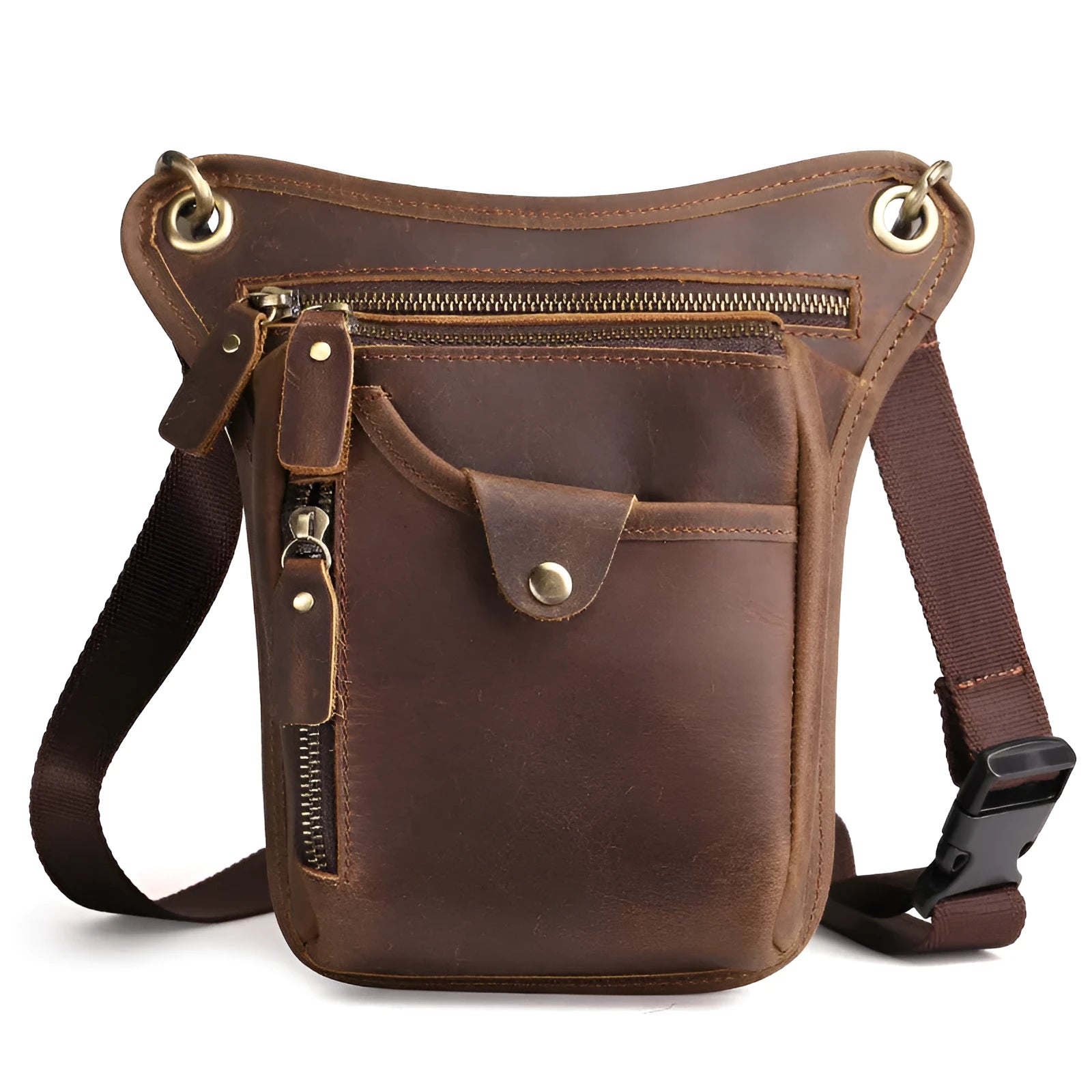 Men's brown Crazy Horse leather vintage satchel bag with top handle and crossbody strap.