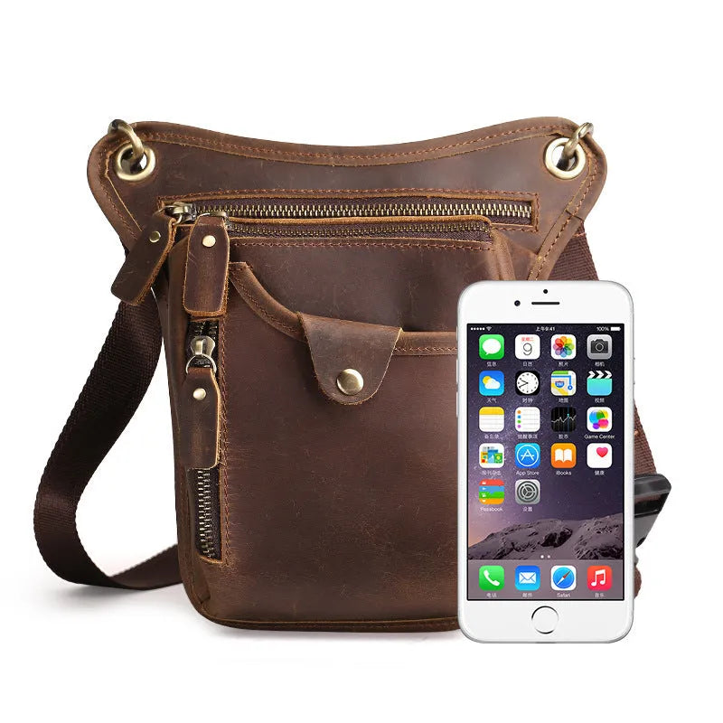 Men's brown Crazy Horse leather vintage satchel bag with top handle and crossbody strap.