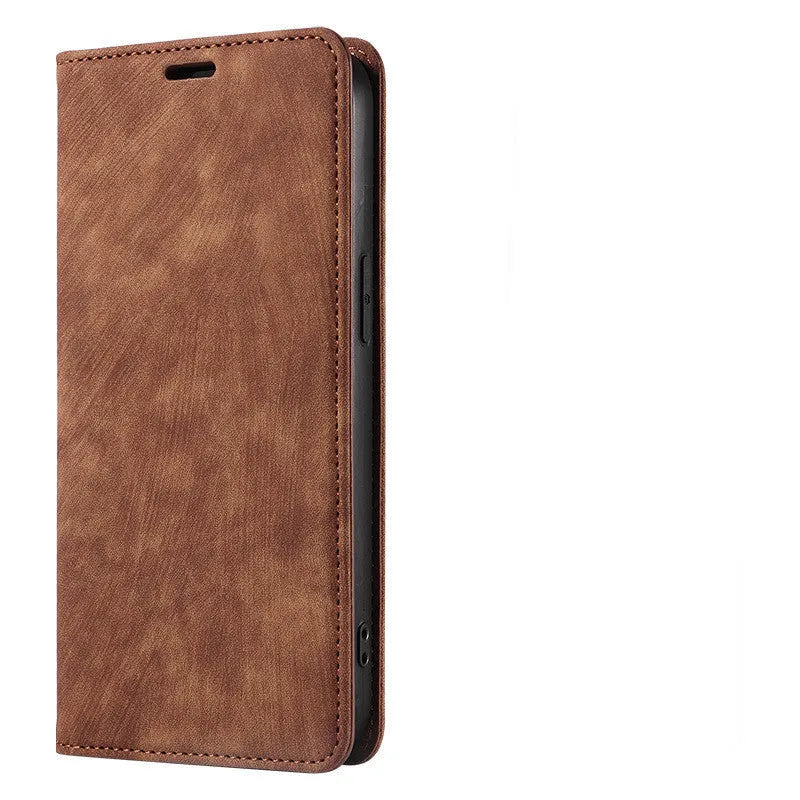 Magnetic flip phone case for iPhone in various colours showing leather and TPU construction