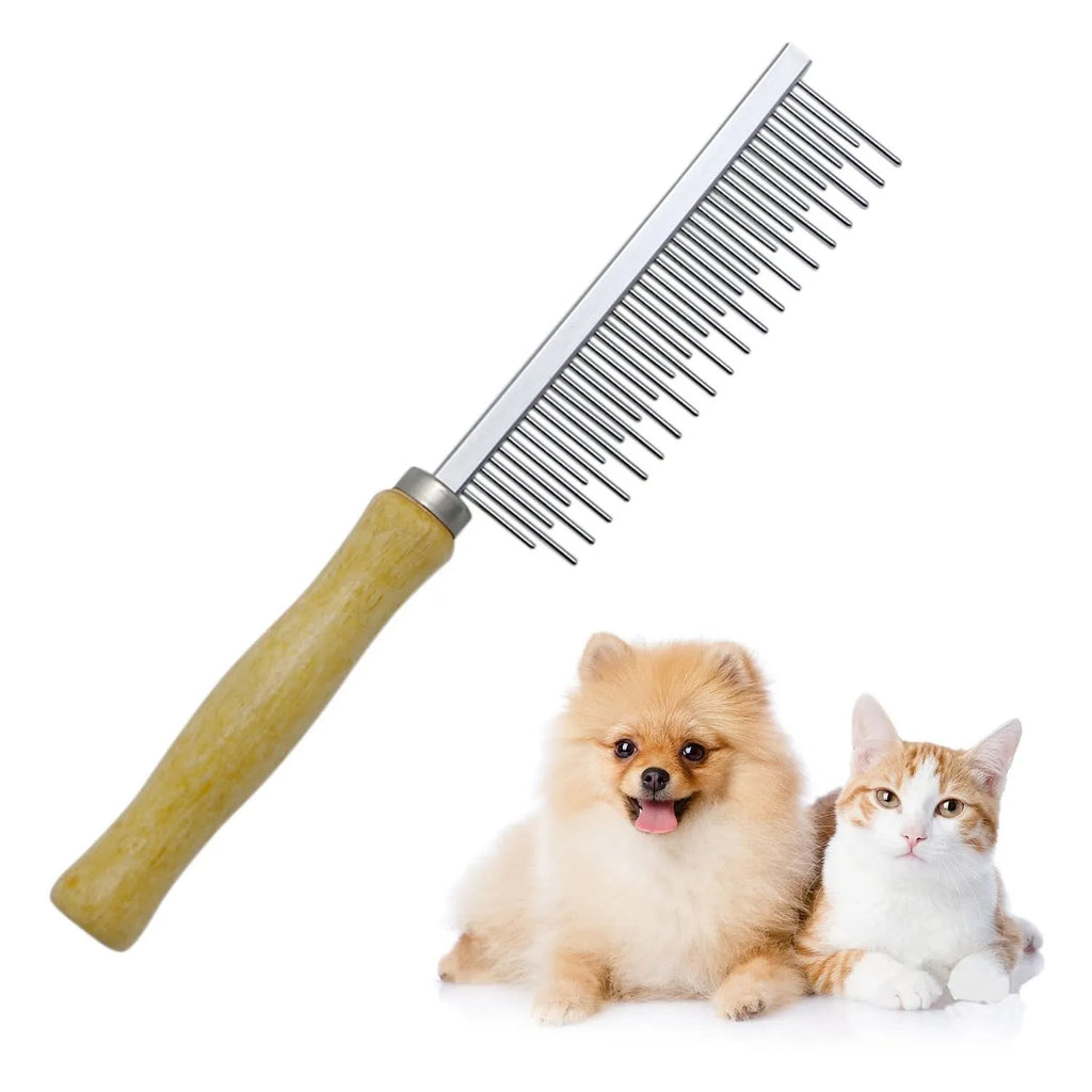 Wooden handle pet grooming comb showing three configuration types for dogs and cats