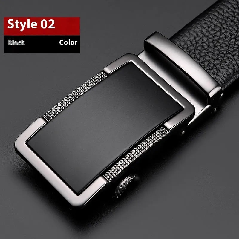 Men's leather belt with automatic buckle in gun black, silver, and gold colours