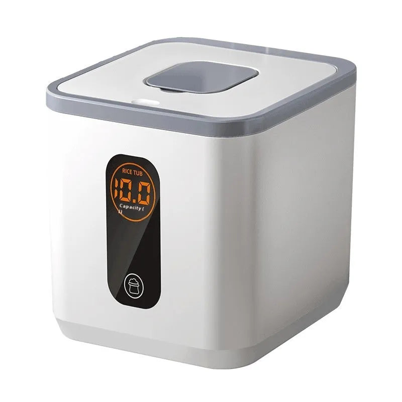 Grey plastic sealed rice storage jar with measuring cup in 10kg, 20kg, or 30kg capacity.