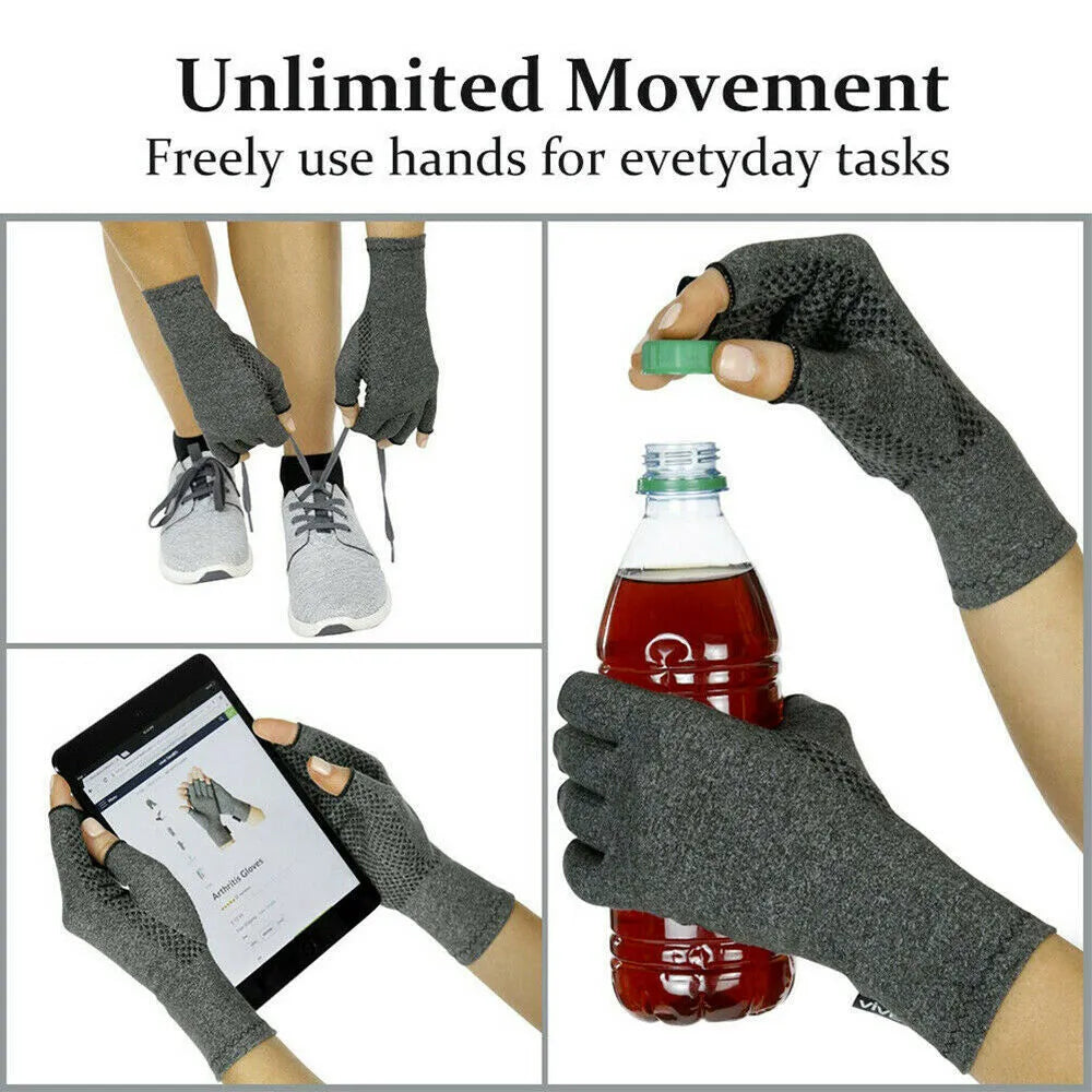 Grey half-finger compression gloves for arthritis with anti-slip palm grip.