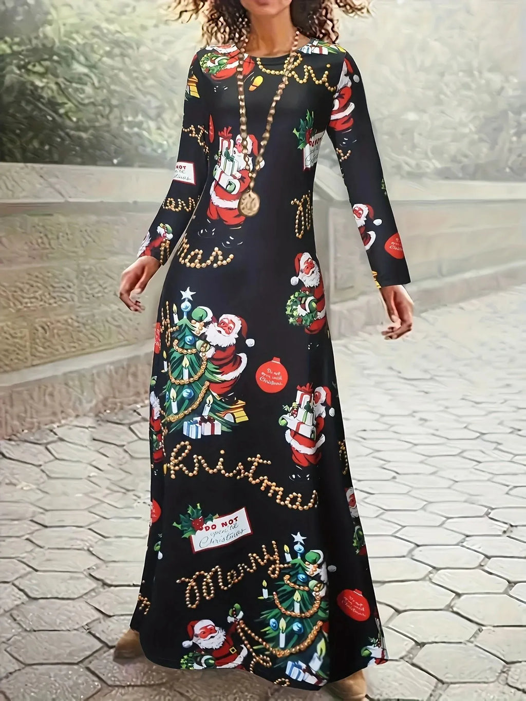 Santa Claus printed long sleeve round neck polyester dress in beige with mid waist and leather stitching