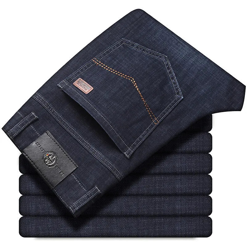 Loose fit straight-leg stretch jeans in black and blue denim for plus sizes