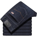 Loose fit straight-leg stretch jeans in black and blue denim for plus sizes