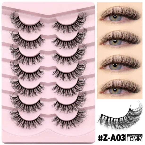 Box of artificial fibre false eyelashes with six style options and included adhesive tube