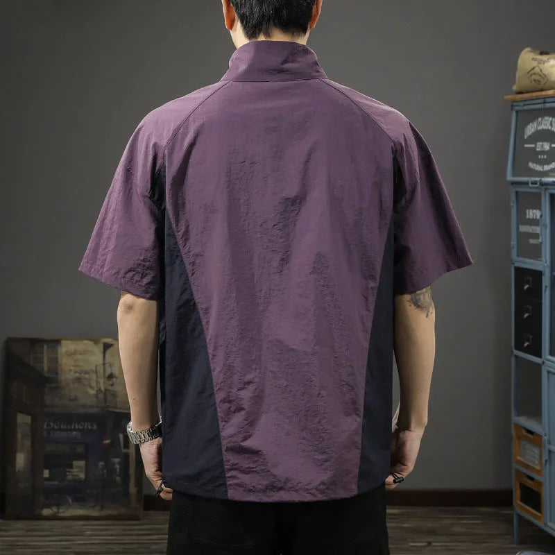 Brown men's casual business shirt with a half-zipped stand collar and short sleeves.