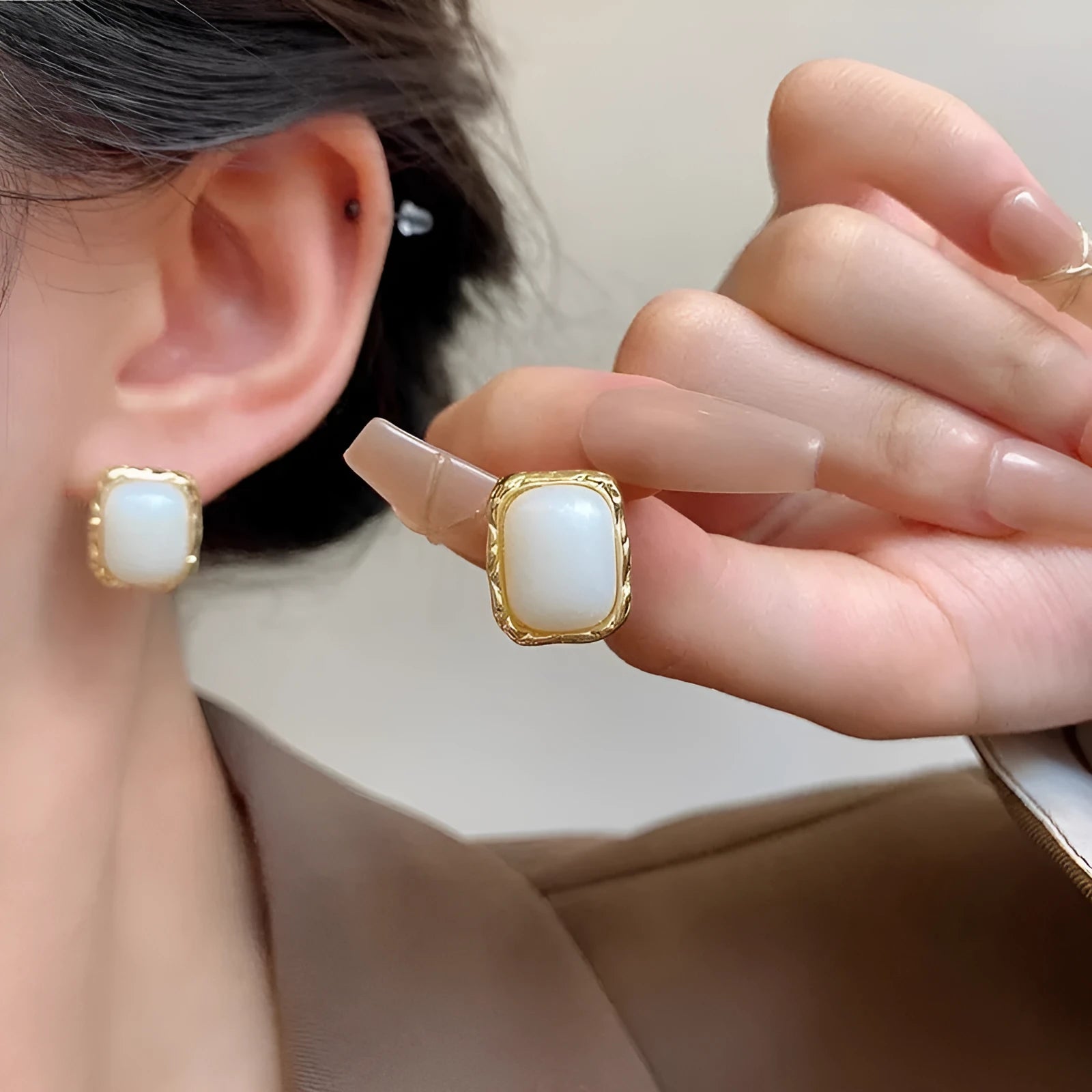 Geometric circular metal earrings with hand-woven design in Korean style