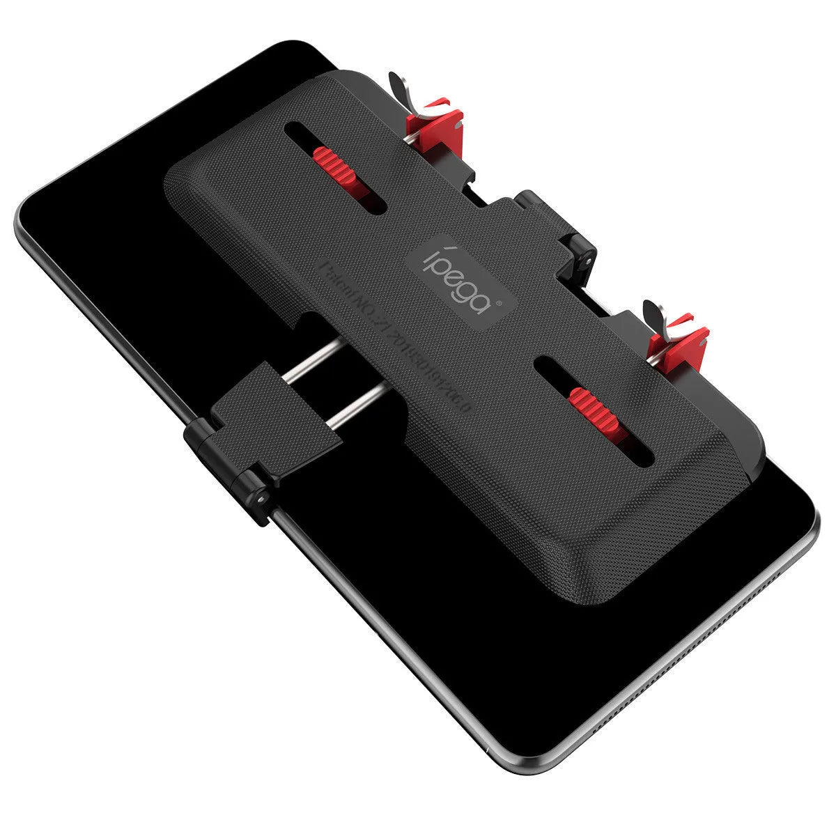 Black mobile phone gaming trigger bracket with adjustable sliding trigger and telescopic phone clip