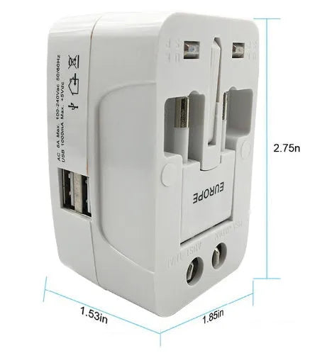 White universal travel plug adapter for Australian Type I sockets measuring 73mm