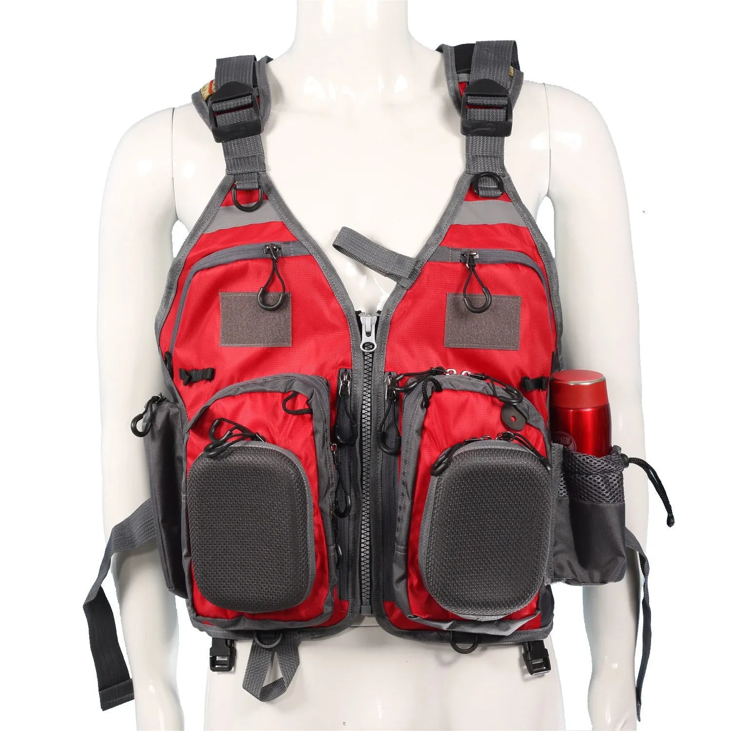 Grey fishing life jacket safety vest with multiple chest pockets and adjustable straps on mannequin