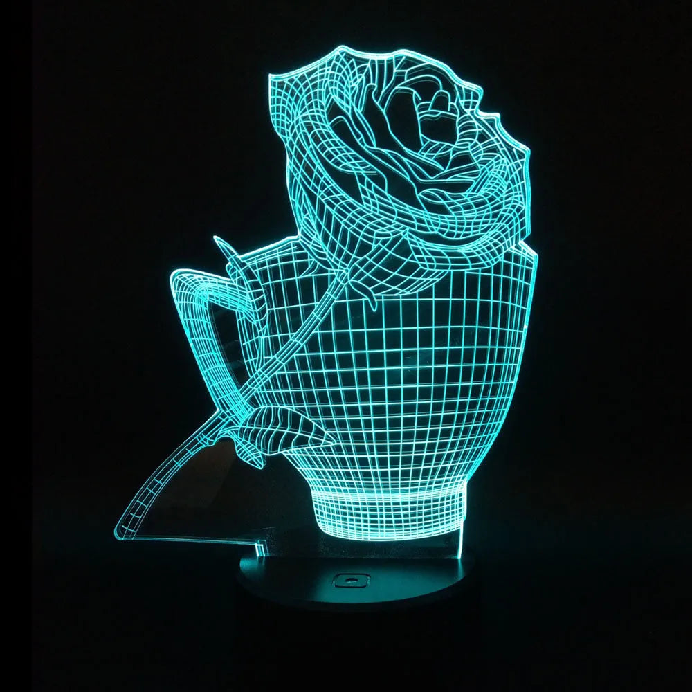 3D rose-shaped LED night light with remote control on a table, displaying a purple glow.