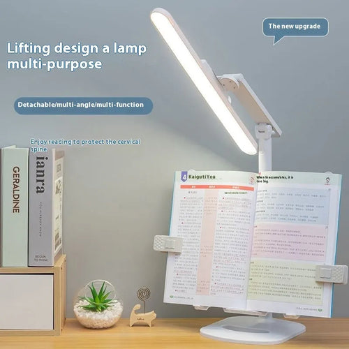 Adjustable desk lamp with integrated bookshelf showing three light colour settings and a charging cable.