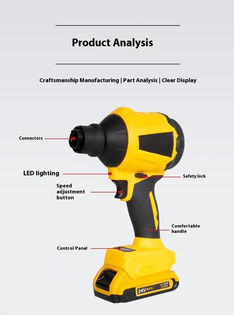 Yellow cordless dust gun with 680W power rating for office appliance cleaning