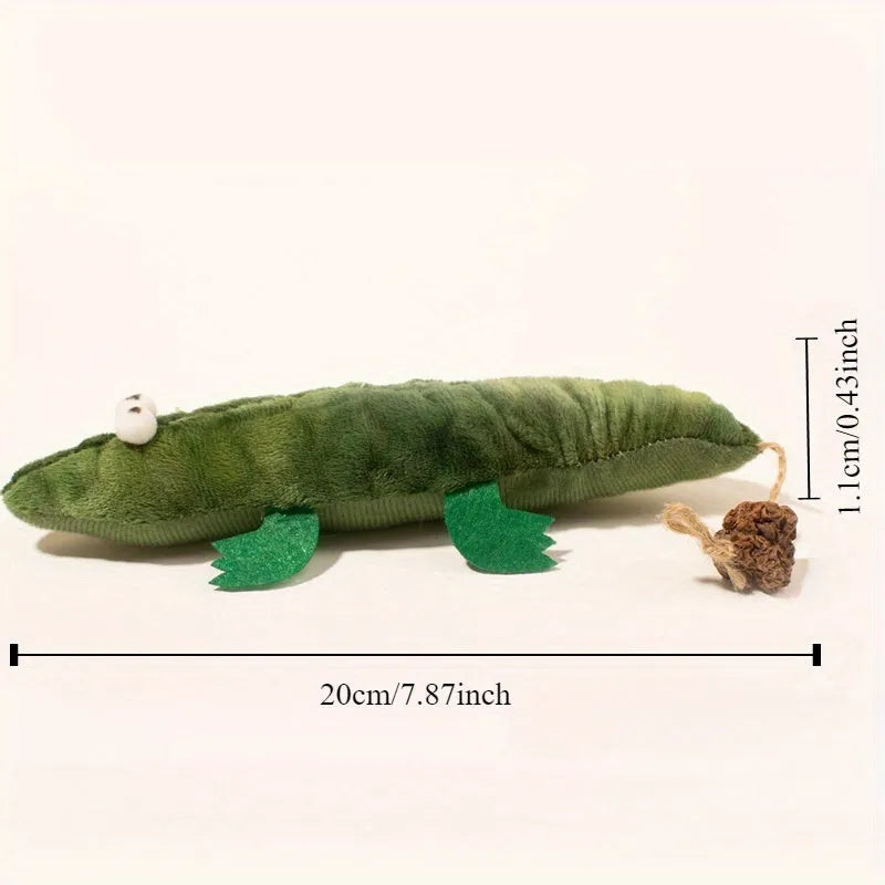 Green plush alligator cat toy with catnip and peppermint scent for dental care