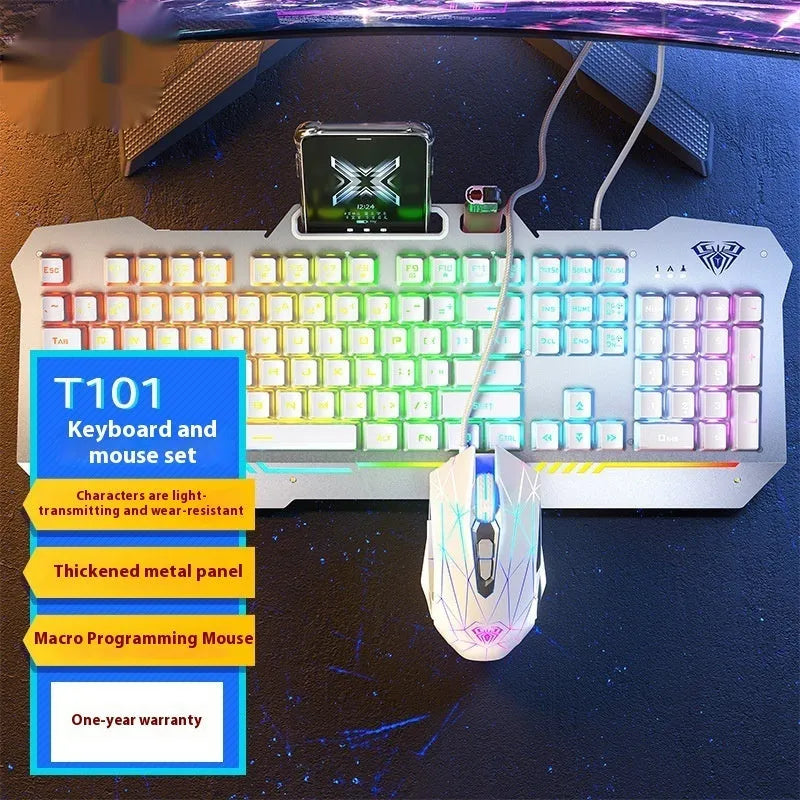 Metal mechanical keyboard bundle with gaming mouse, headset, and optional mouse pad on a desk.