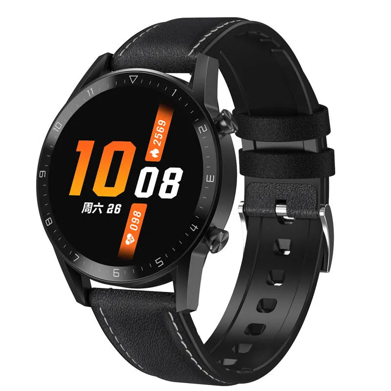 Smart sports watch with leather strap and 1.3-inch touchscreen displaying activity metrics