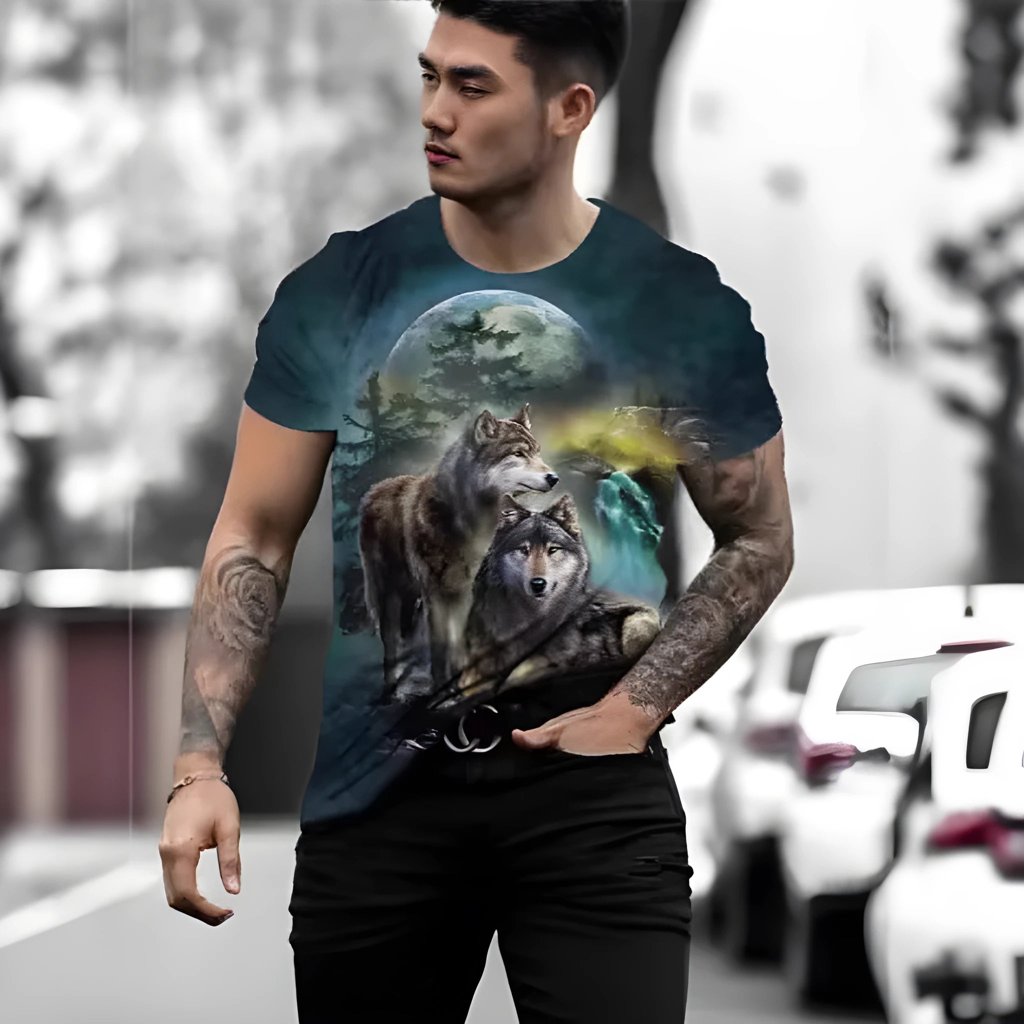 Men's retro 3D animal print short-sleeve t-shirt on a hanger, showing bird eye cloth fabric.