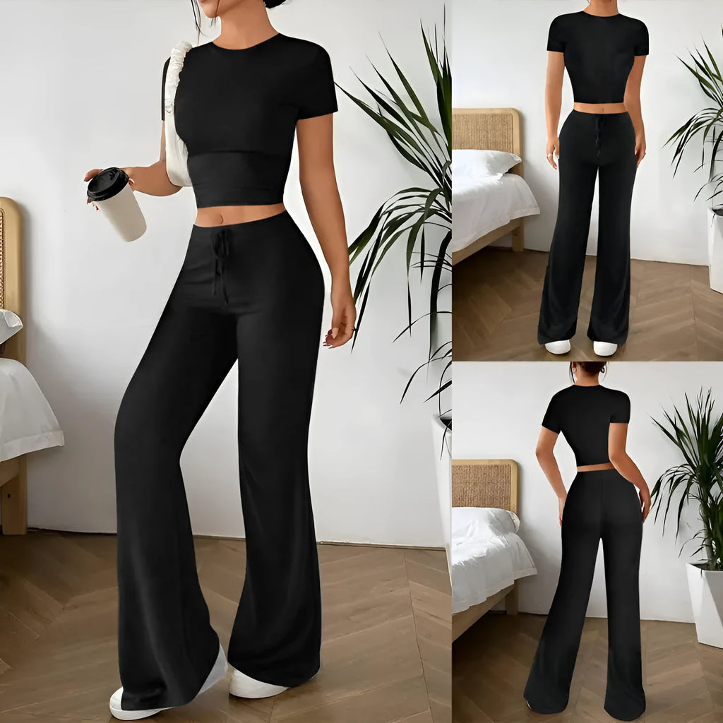 Black high waist polyester trousers with matching short sleeve t-shirt top women's suit set