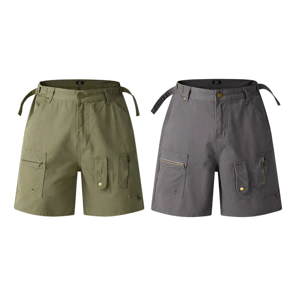 Retro washed cotton workwear shorts with zipper fly in loose fit and fifth pants length