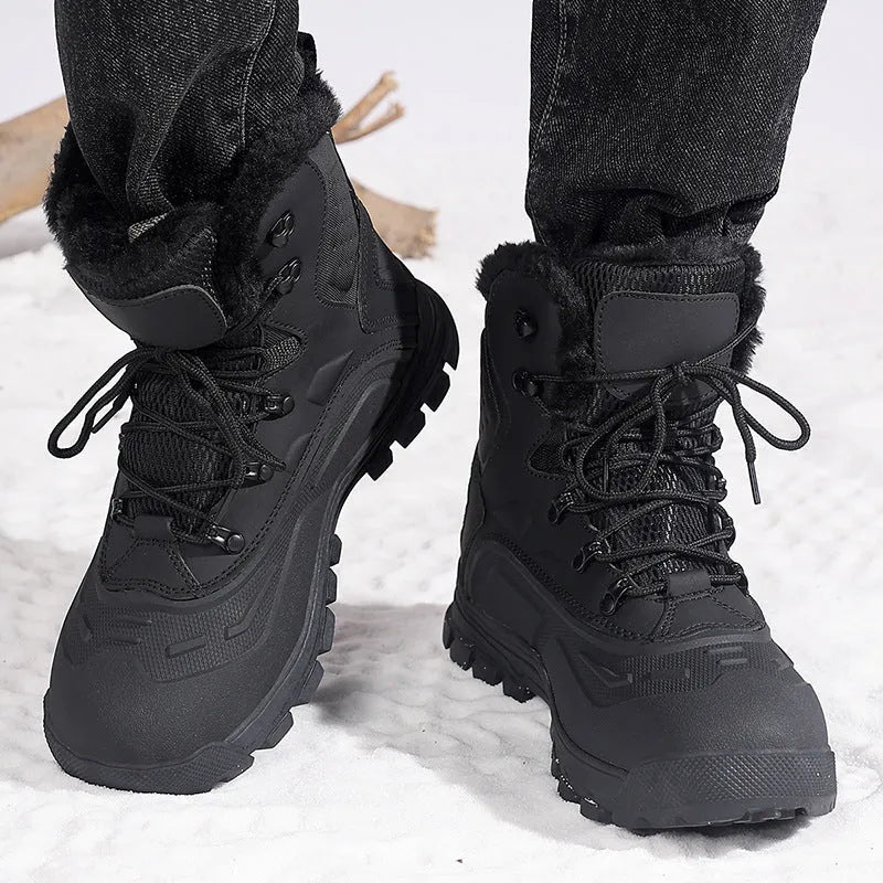 Men's black and khaki velvet high-top boots with fleece lining and lace-up front
