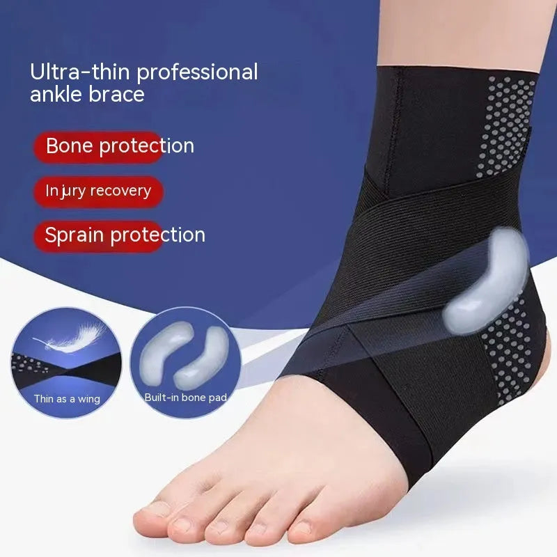 Fixed rehabilitation ankle support made of black Lycra cloth, shown on an adult ankle.