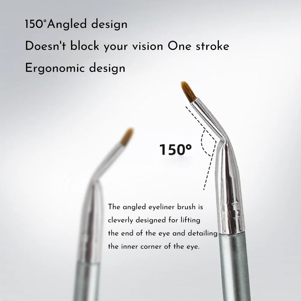Angle view of a bend head fine tip eyeliner brush for under eye and tear trough makeup application.