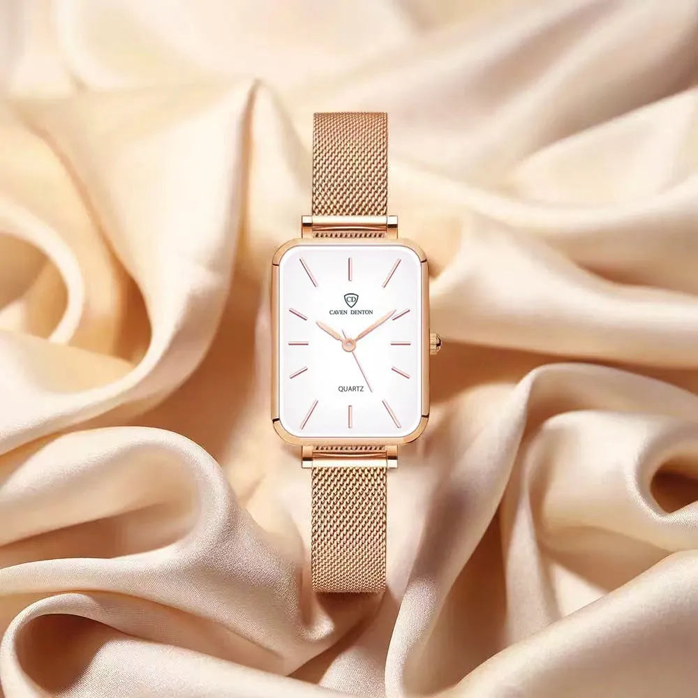Women's rose gold waterproof quartz watch with woven steel strap and alloy case