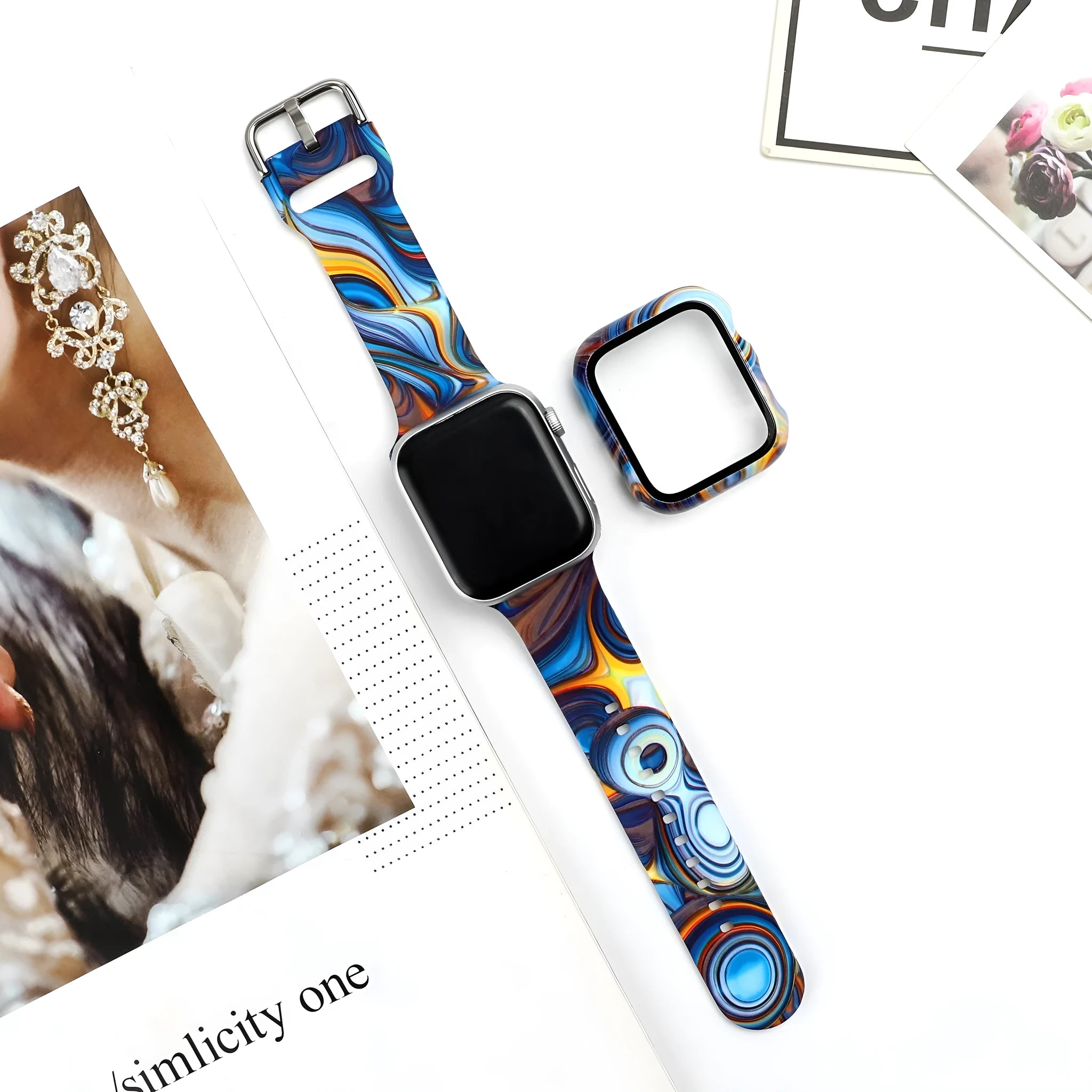 Printed silicone watch strap for Apple Watch showing multiple colourful pattern options.