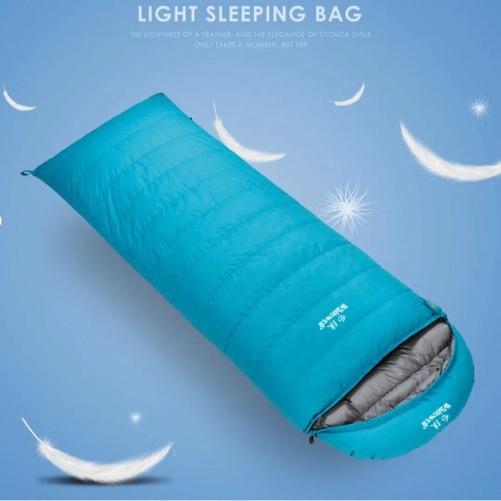 Black outdoor sleeping bag with white goose down filling and durable nylon fabric.