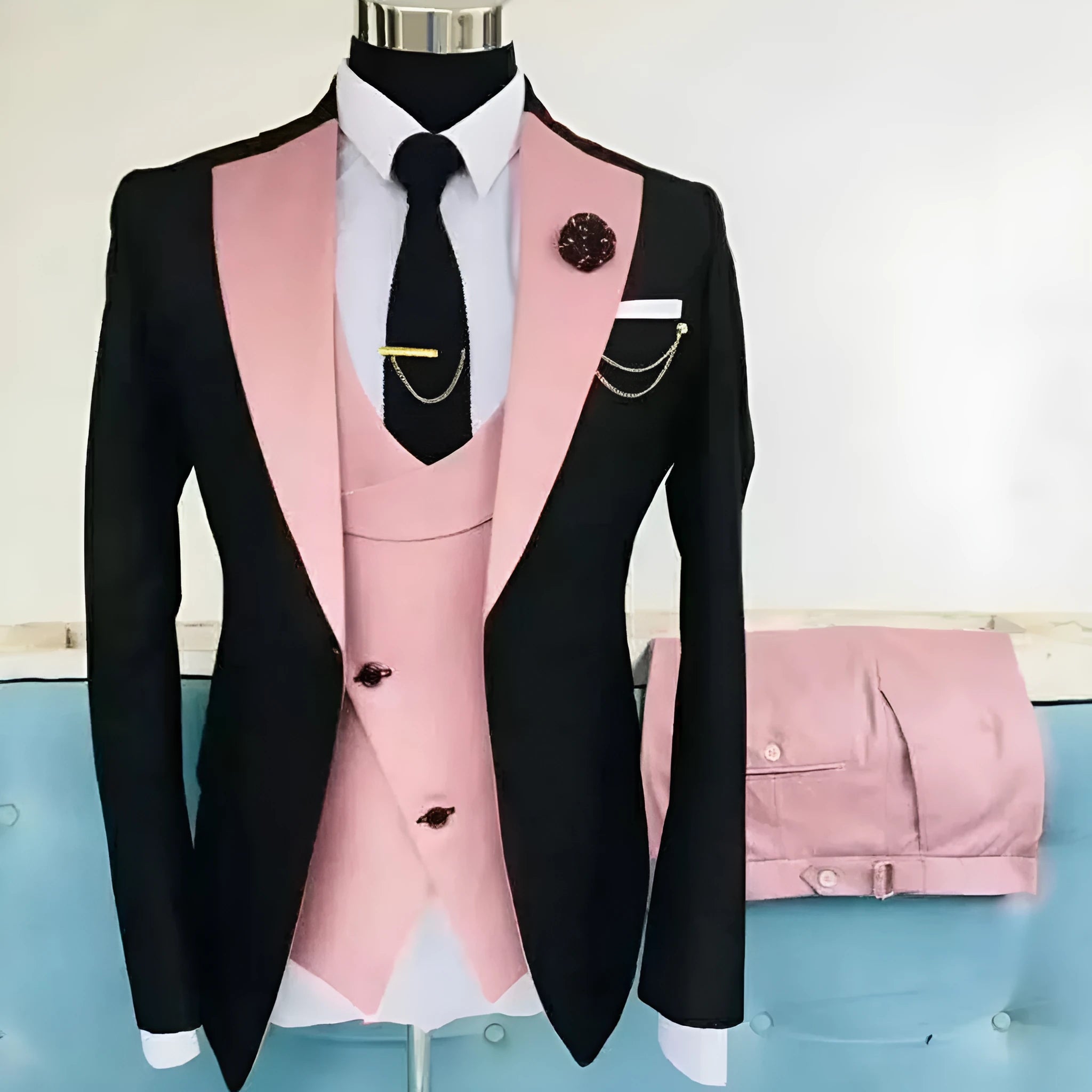 Men's slim fit cotton three-piece business suit in black with vest and trousers