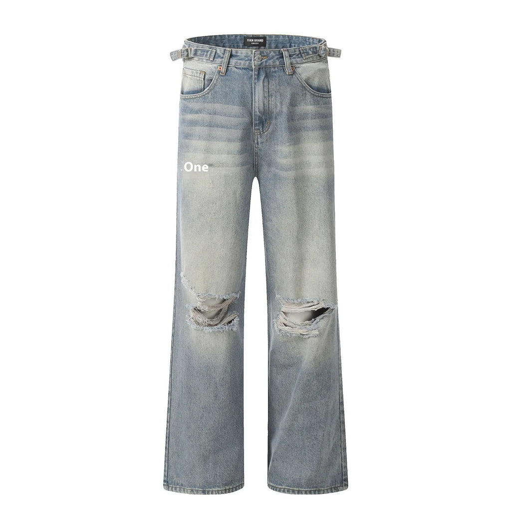 Men's blue straight-leg jeans with ripped detailing on the legs and a zipper fly closure.