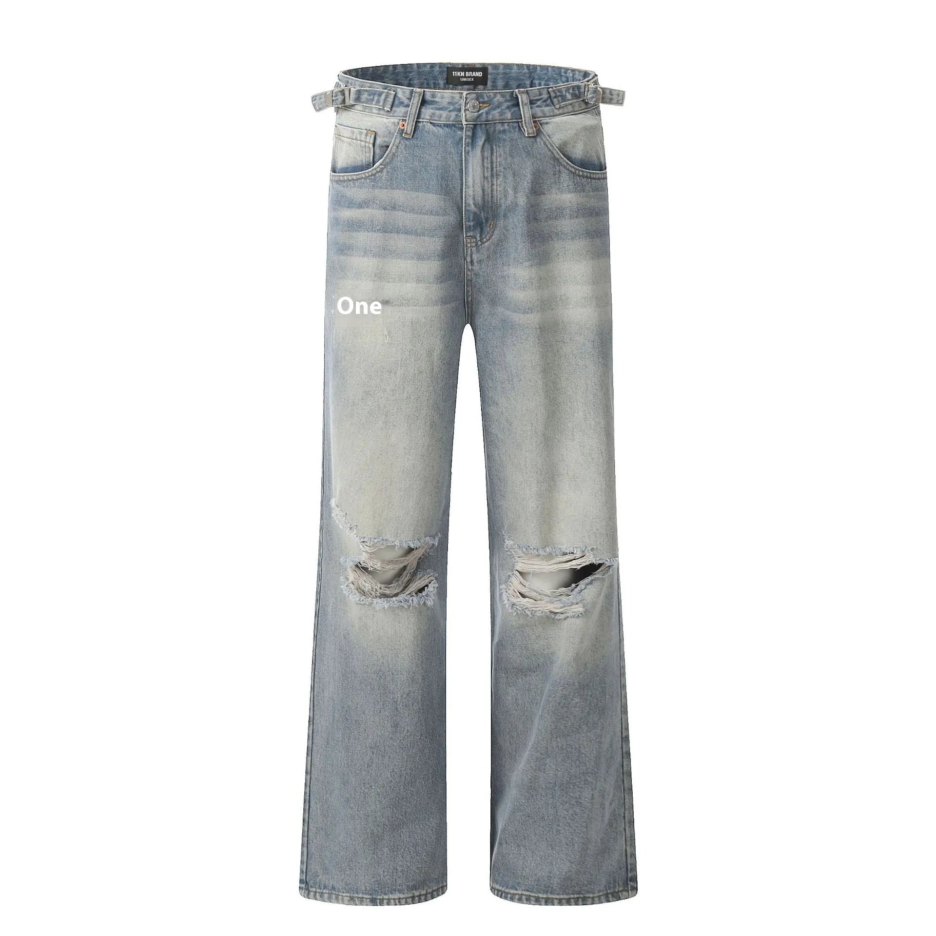Men's blue straight-leg jeans with ripped detailing on the legs and a zipper fly closure.