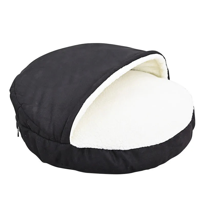Brown and grey removable cloth dog kennel pet bed shown in small and medium sizes