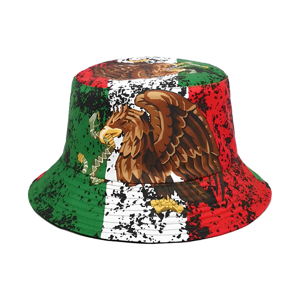 Eagle pattern bucket hat in polyester fabric with dome crown and retro styling