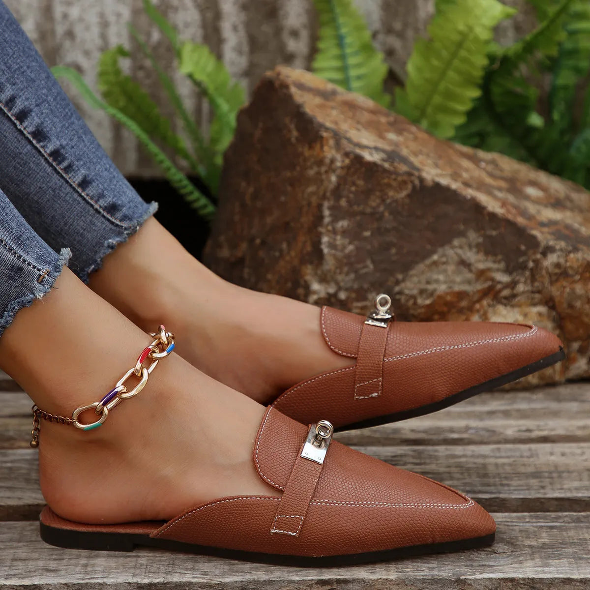 Light brown women's pointed-toe casual semi-slippers with a PU upper and rubber sole.