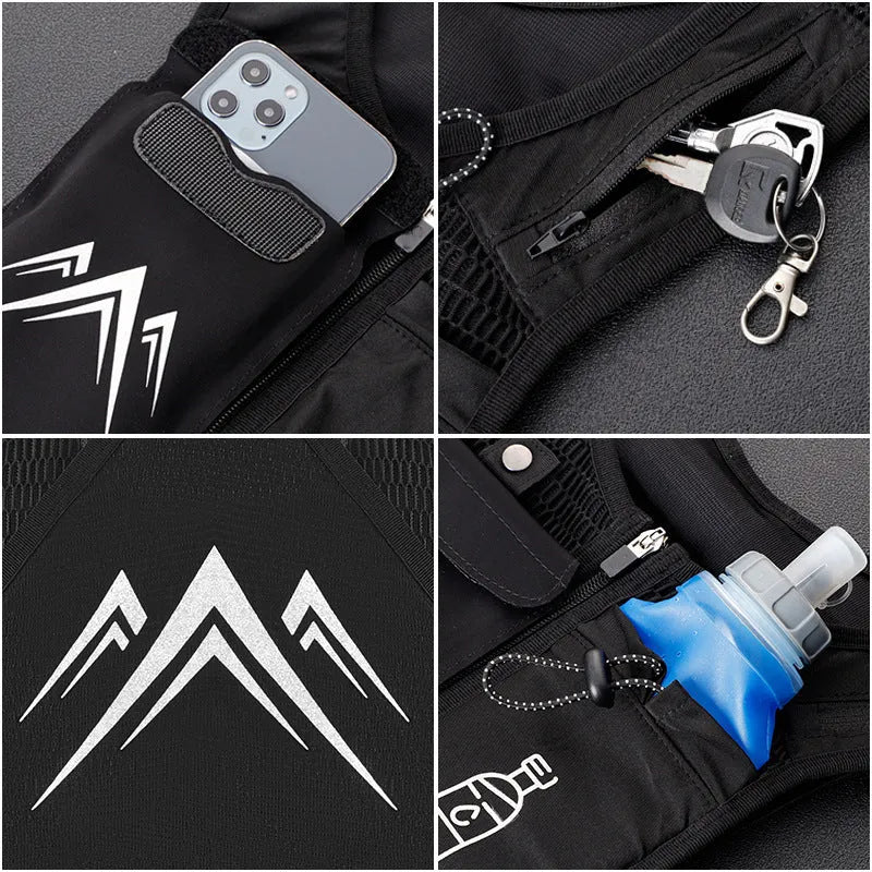 Sports running vest with integrated mobile phone bag in breathable mesh fabric