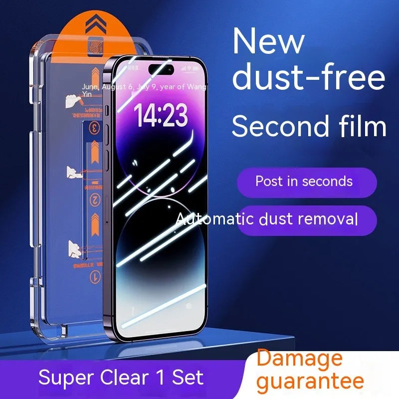 Tempered glass iPhone screen protector with dust-free installation kit and frosted privacy finish