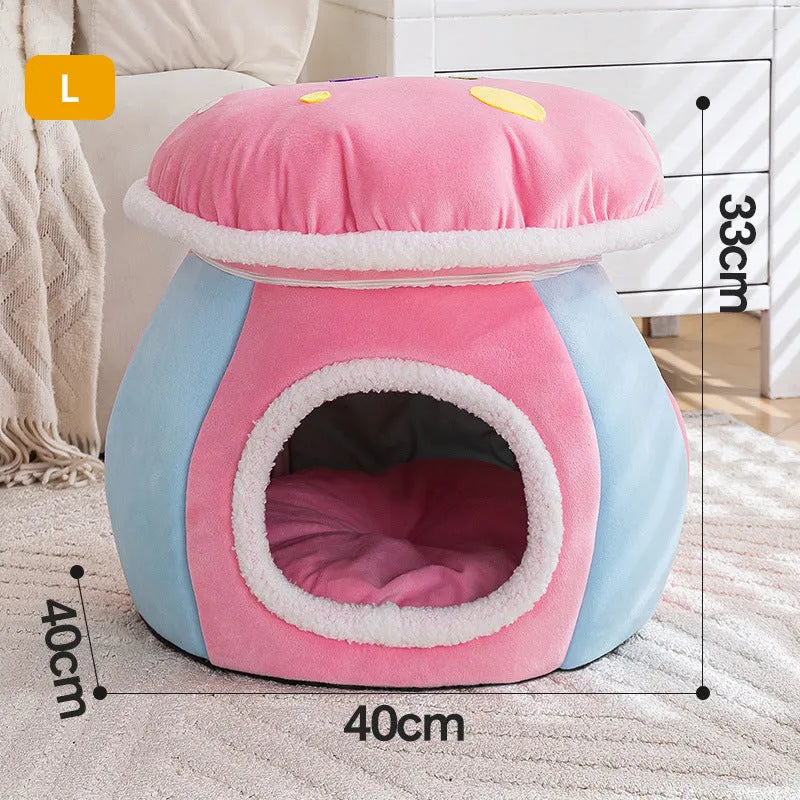 Mushroom-shaped plush cat bed in grey colour with detachable blanket