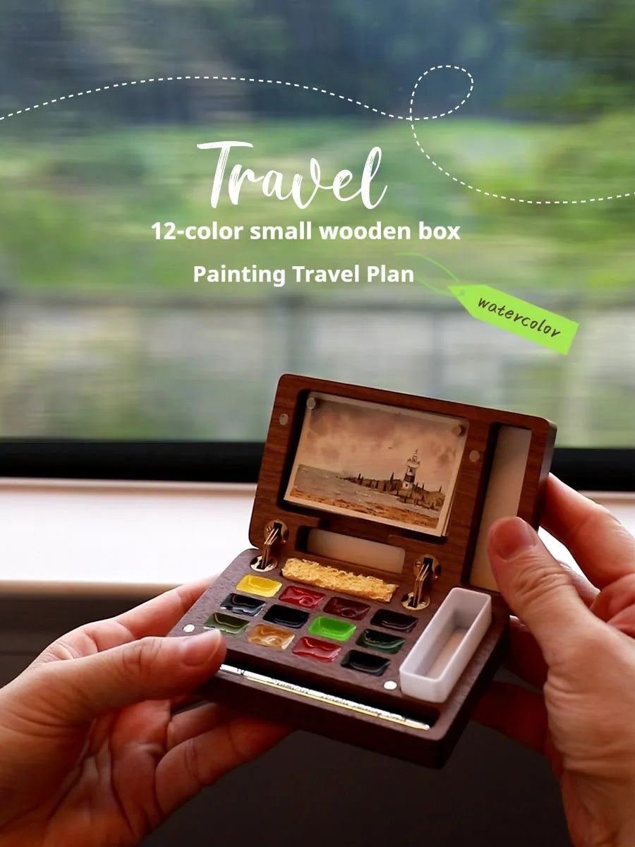 Mini walnut wooden watercolour paint box with professional pigment selection options