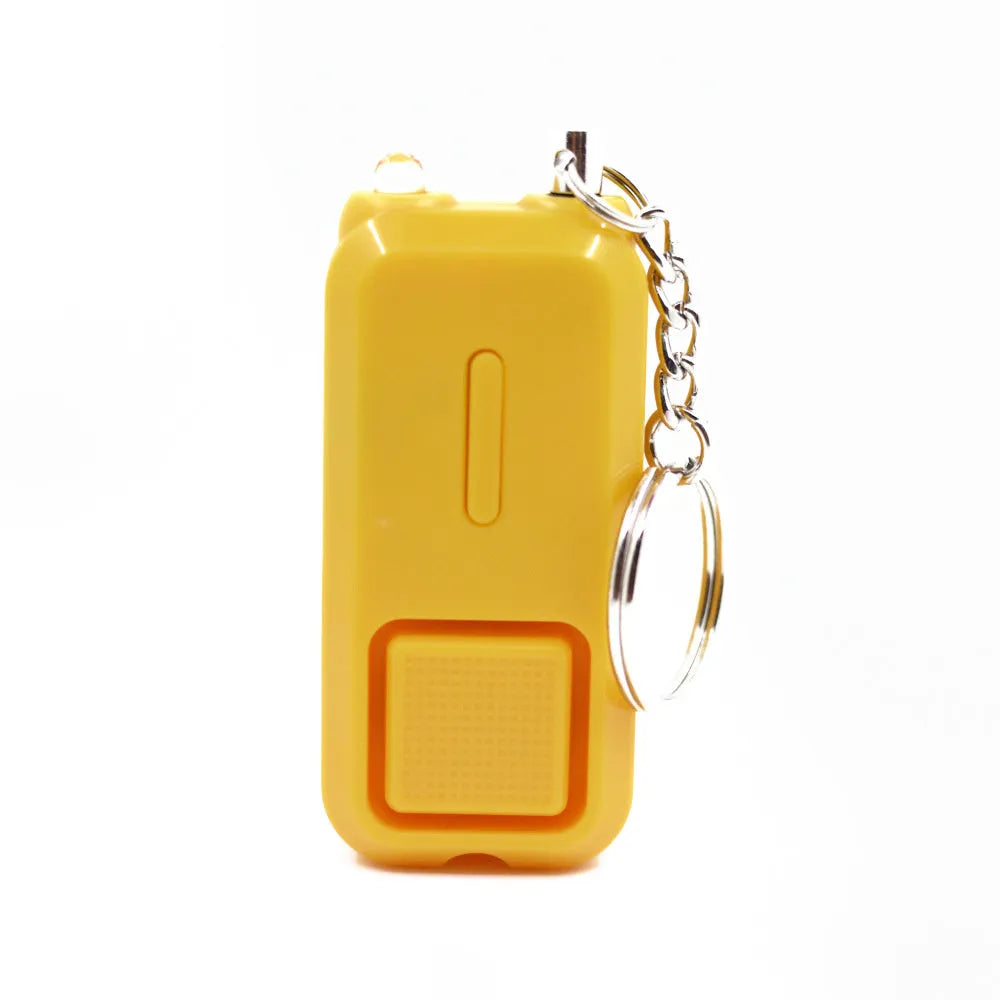 ZQ-202 personal safety alarm in pink, black, white, yellow, and green colours next to LR44 batteries.