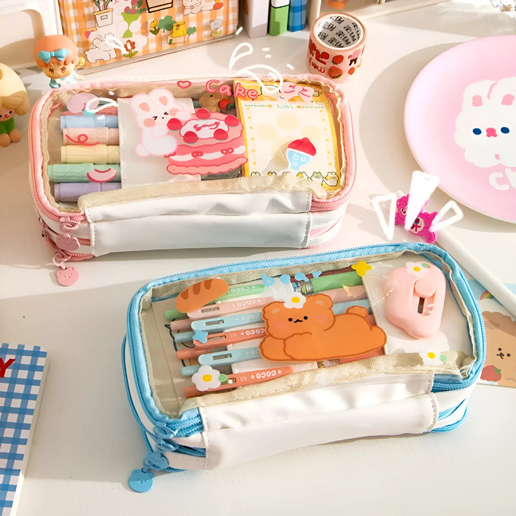 Japanese transparent heart-shaped pen case with rabbit designs in TPU material