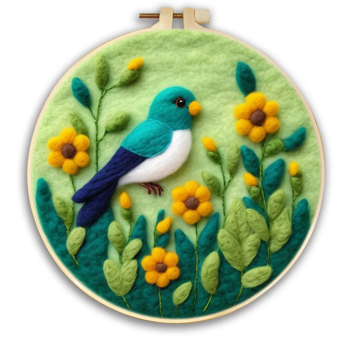 Round linen embroidery kit with wool felt materials for three-dimensional floral design