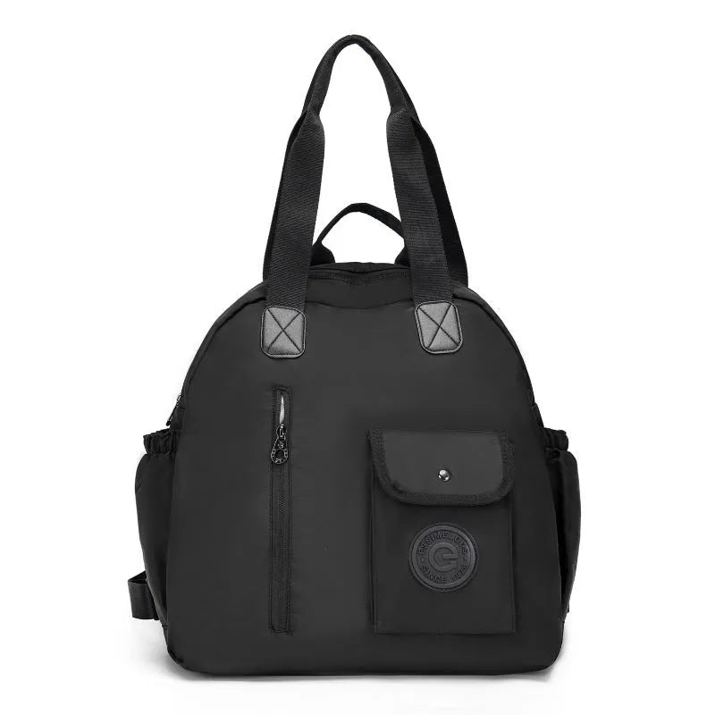 Outdoor backpack with sandwich pocket design in black, khaki, or green letters colours